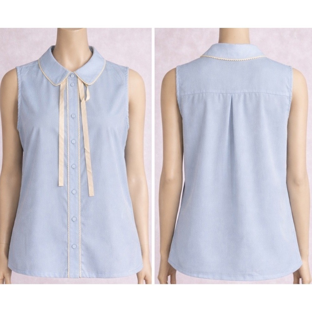 Tulip B Blouse Womens Medium‎ Blue Peter Pan Collar Preppy Sleeveless Button Up